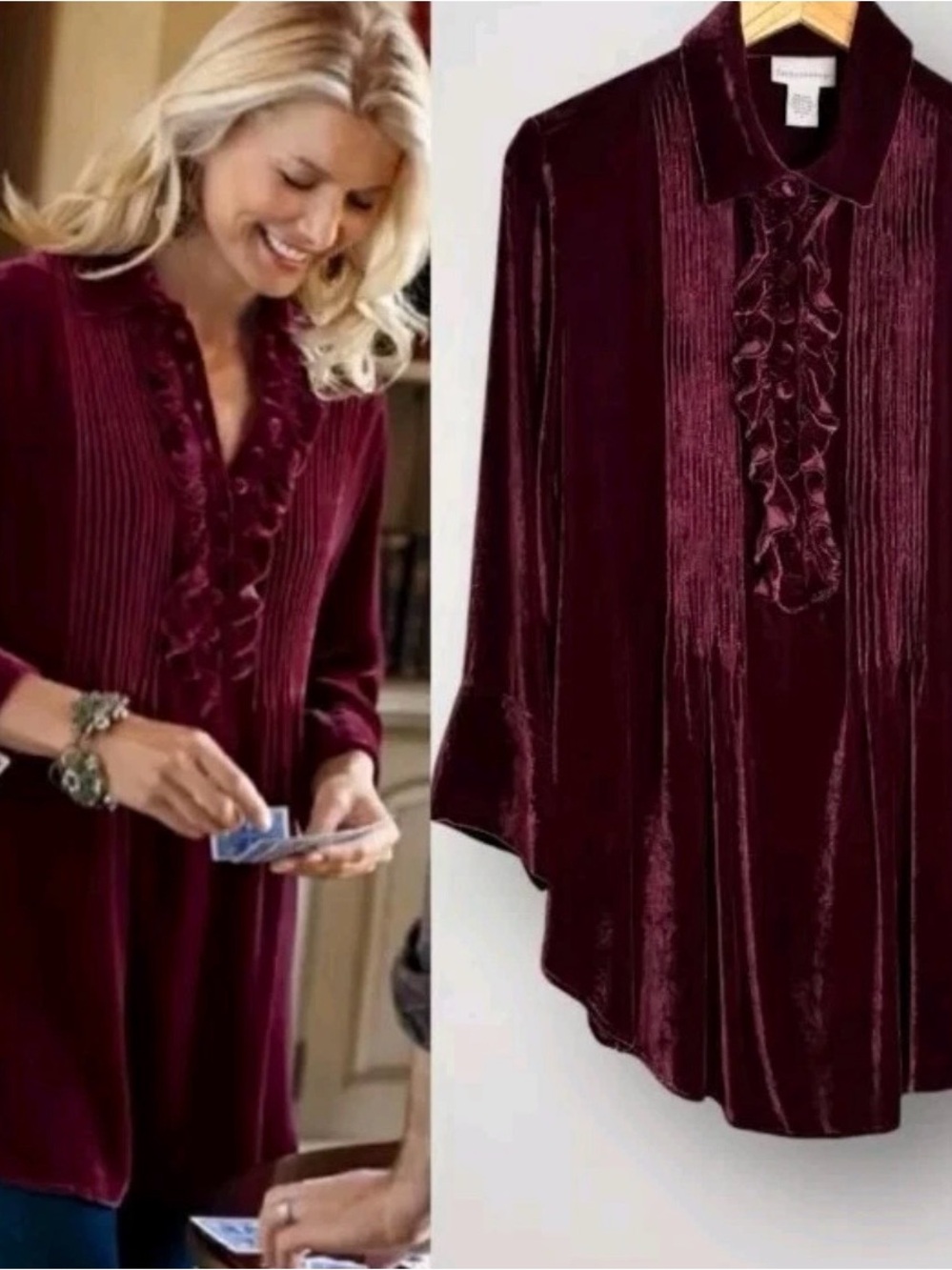 Soft Surroundings Verona Plum Velvet Ruffle Pintuck Tunic Womens Size S